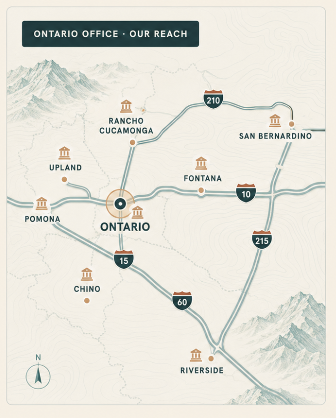 Map showing Neil Panchal Law serving Ontario, Rancho Cucamonga, Upland, Pomona, Chino, Fontana, San Bernardino, and Riverside